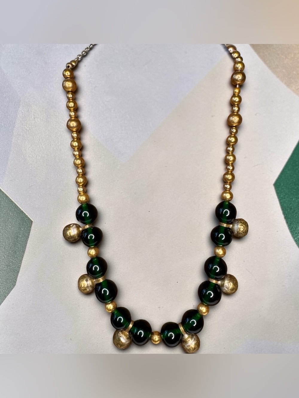 Vintage Green Glass and Brass Beaded Necklace
